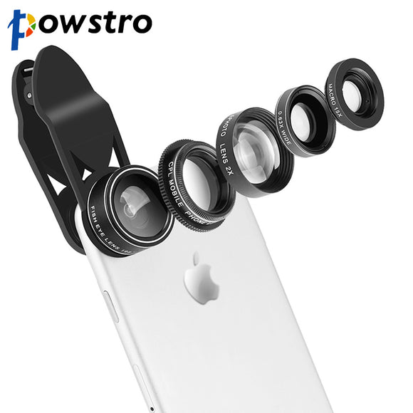 Powstro 5 in 1 Clip-on Phone Camera Lens Kit Wide-Angle Lens + 15X Macro Lens + 198 Degree Fisheye + CPL + 2X Telephoto Lens