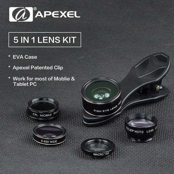 APEXEL 5in1 Phone Camera Lens Kit 2X Telephoto Lentes Fish Eye Wide Angle Macro CPL Lenses For iPhone 6 7 8 X Samsung Smartphone