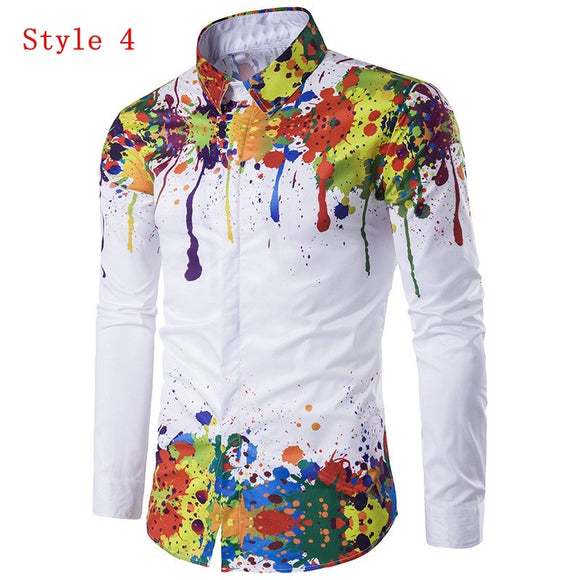 2018 Autumn Spring 3D Ink Printed Men Shirts Long Sleeve Lapel Casual Hip Pop Slim Fit Fashion Paint Dress Shirts Plus Size 3XL
