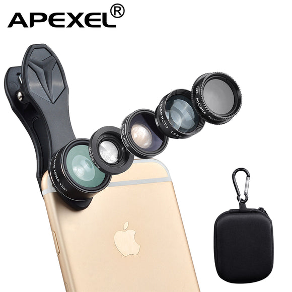 APEXEL Universal Clip 5in1 Fish eye Wide Angle Macro Lentes 2X Teleconverter CPL Mobile Phone Lens For iPhone 6s 7 8 Samsung S8