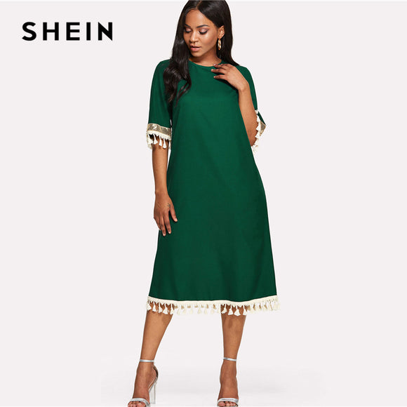 SHEIN Sequin And Tassel Detail Belted Dress 2018 Summer Round Neck Half Sleeve Knee Length Dress Women Green Casual Belted Dress