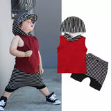 2018 Summer Baby Boy Clothes Sleeveless Hooded Tops +Striped Shorts Pant 2PCS Outfits Toddler Kids Clothing Set