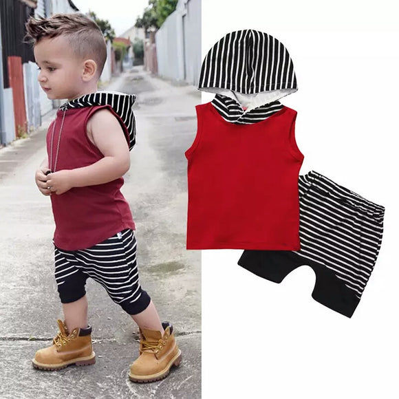 2018 Summer Baby Boy Clothes Sleeveless Hooded Tops +Striped Shorts Pant 2PCS Outfits Toddler Kids Clothing Set