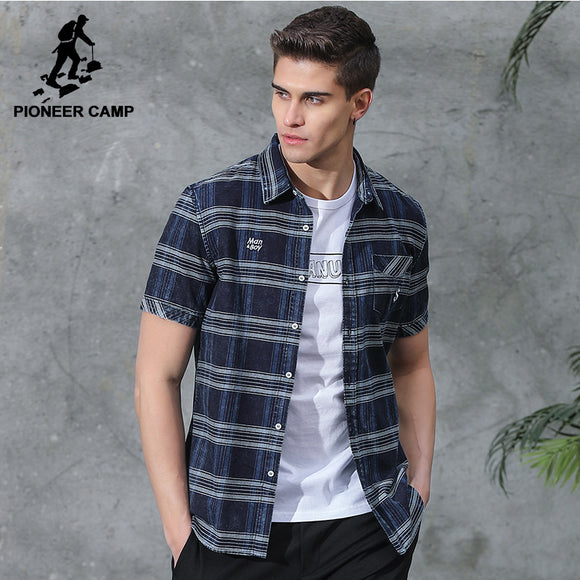 Pioneer Camp New short casual shirt men brand clothing fashion striped shirt male top quality 100% cotton plaid shirt ADC701120