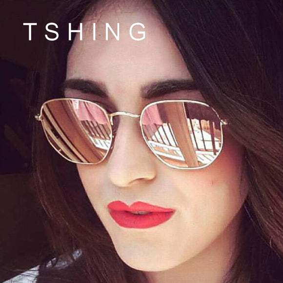 TSHING Men Hexagonal Flat Lenses Aviation Polarized Sunglasses Brand Designer New Vintage Women Pink Mirror Driving Sun Glasses