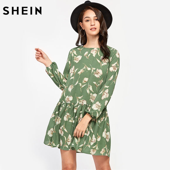 SHEIN Allover Flower Print Lantern Sleeve Drop Waist A Line Dress Autumn Green Round Neck Long Sleeve Casual Dress