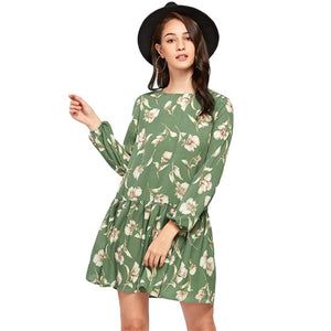 SHEIN Allover Flower Print Lantern Sleeve Drop Waist A Line Dress Autumn Green Round Neck Long Sleeve Casual Dress