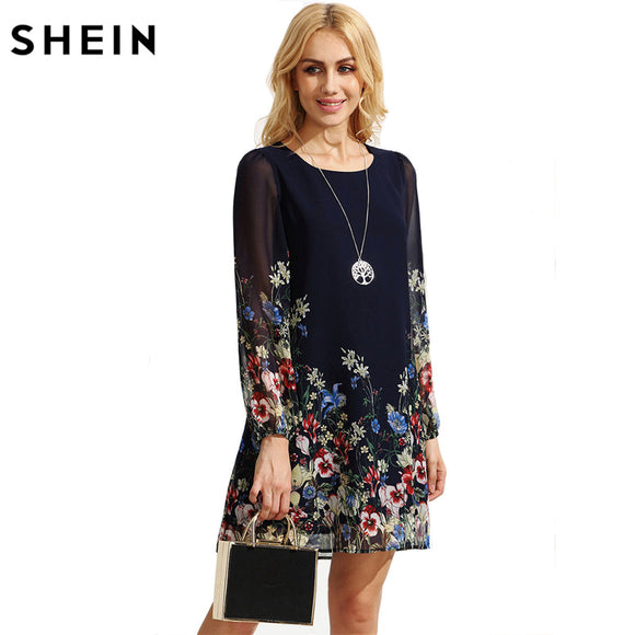 SHEIN Casual Autumn Boho Dresses for Women Multicolor Round Neck Long Sleeve Floral Print Straight Chiffon Dress