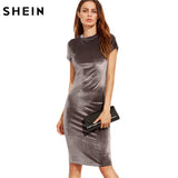 SHEIN Women Brown Velvet Sheath Dresses Summer Ladies Round Neck Short Sleeve Knee Length Elegant Pencil Dress