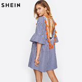 SHEIN Tassel Tied Open Back Tiered Gingham Dress Blue Plaid Straight Boho Dress Half Sleeve Drop Waist Short Dress