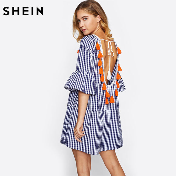 SHEIN Tassel Tied Open Back Tiered Gingham Dress Blue Plaid Straight Boho Dress Half Sleeve Drop Waist Short Dress