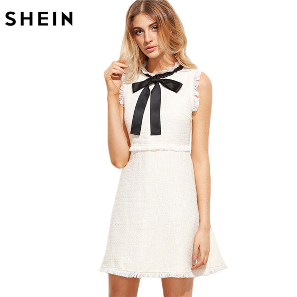 SHEIN Women Autumn Dresses Ladies White Party Dresses Bow Tie Neck Sleeveless Elegant Frayed Trim Tweed Dress