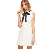 SHEIN Women Autumn Dresses Ladies White Party Dresses Bow Tie Neck Sleeveless Elegant Frayed Trim Tweed Dress