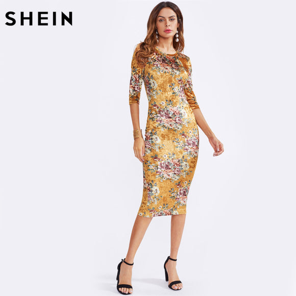 SHEIN Floral Velvet Form Fitting Dress Sexy Women Dresses Yellow Half Sleeve Pencil Dress Fall Elegant Midi Dress