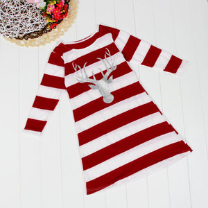 Girl Children Fashion Stripe Dress Round Collar Christmas Elk Long Sleeve Dress