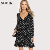 SHEIN Surplice Wrap Polka Dot Dress Womens Dresses New Arrival 2017 Long Sleeve Black Deep V Neck Sexy A line Dress