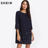 SHEIN Pearl Beading Tunic Dress 2017 New Fashion Womens Straight Dress Navy Three Quarter Length Sleeve Short Dress