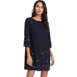 SHEIN Pearl Beading Tunic Dress 2017 New Fashion Womens Straight Dress Navy Three Quarter Length Sleeve Short Dress