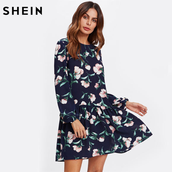 SHEIN Allover Flower Print Drop Waist Dress Ladies Navy Long Sleeve Autumn Womens Dresses Elegant Floral A Line Dress