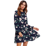 SHEIN Allover Flower Print Drop Waist Dress Ladies Navy Long Sleeve Autumn Womens Dresses Elegant Floral A Line Dress