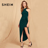 SHEIN Green Maxi Christmas Dress Halterneck Crisscross Front Sexy Club Wear Party Dress Women Sleeveless Asymmetrical Long Dress