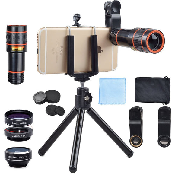 New 6IN1 Phone Camera lenses Kit 12X Telephoto Zoom Lentes Wide Angle Macro Fisheye lens For iPhone 7 8 Cell Phone Tripod Clips