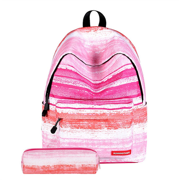 Fashion Women Girls Canvas Travel School Bag Backpack Rucksack with Pen Bag Stripe Design