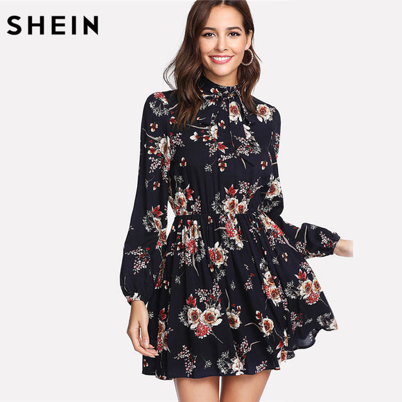 SHEIN Floral Women Dresses Multicolor Elegant Long Sleeve High Waist A Line Dress Ladies Tie Neck Dress (Ship After March 26th)