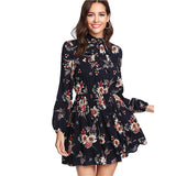 SHEIN Floral Women Dresses Multicolor Elegant Long Sleeve High Waist A Line Dress Ladies Tie Neck Dress (Ship After March 26th)