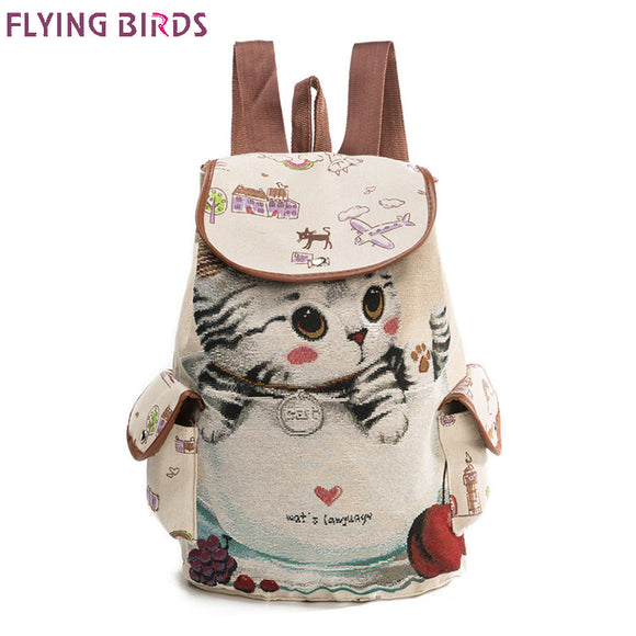FLYING BIRDS! Cute Cat Backpack Women Canvas Book Bag Drawstring Printing Backpacks For Teenage Girls Large Capacity School Bags
