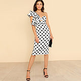 SHEIN One Shoulder Sexy Party Dresses Backless Asymmetrical  High Waist Pencil Dress Twist Front Ruffle Detail Polka Dot Dress