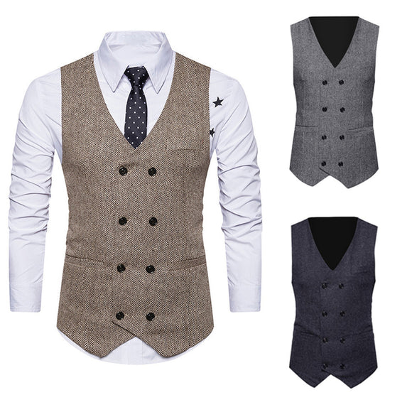 Men Formal Tweed Check Double Breasted Waistcoat Retro Slim Fit Suit Jacket