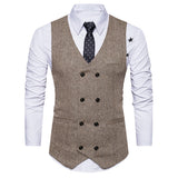 Men Formal Tweed Check Double Breasted Waistcoat Retro Slim Fit Suit Jacket