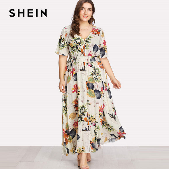 SHEIN Floral Plus Size White Dress Women Maxi Long Dresses Large Sizes Print V-neck Button Front Shirred Waist Tropical Dress