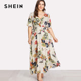 SHEIN Floral Plus Size White Dress Women Maxi Long Dresses Large Sizes Print V-neck Button Front Shirred Waist Tropical Dress