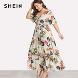 SHEIN Floral Plus Size White Dress Women Maxi Long Dresses Large Sizes Print V-neck Button Front Shirred Waist Tropical Dress