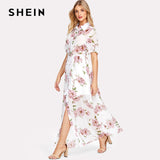 SHEIN  Floral Print Shirt Dress Short Sleeve Maxi Boho Dress 2018 Summer Beach Vacation A Line Dress Button Front Pleated Dress