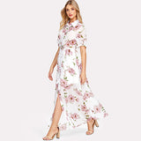 SHEIN  Floral Print Shirt Dress Short Sleeve Maxi Boho Dress 2018 Summer Beach Vacation A Line Dress Button Front Pleated Dress