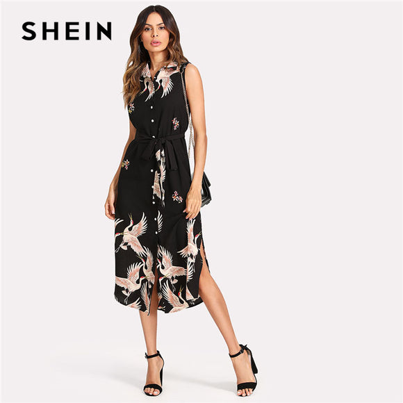 SHEIN Floral Crane Print Button Up Curved Hem Dress Women Sleeveless Belted Chiffon Shirt Dress 2018 Summer Beach Boho Dress