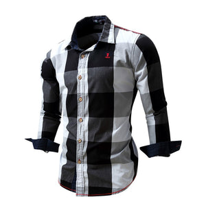 Men's Checked Shirt Long Sleeve Non-Iron Casual Blouse Cotton Slim Fit Plaid Top