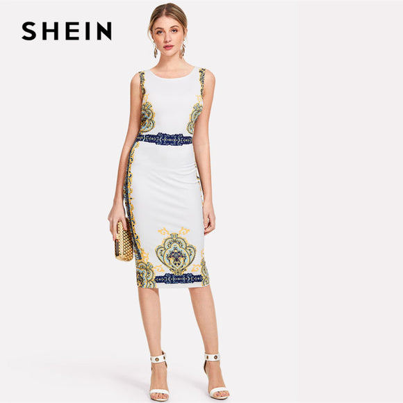SHEIN Ornate Print Sleeveless Form Fitting Dress Women Round Neck Knee Length Elegant Dress 2018 Summer Geometric Pencil Dress