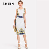 SHEIN Ornate Print Sleeveless Form Fitting Dress Women Round Neck Knee Length Elegant Dress 2018 Summer Geometric Pencil Dress