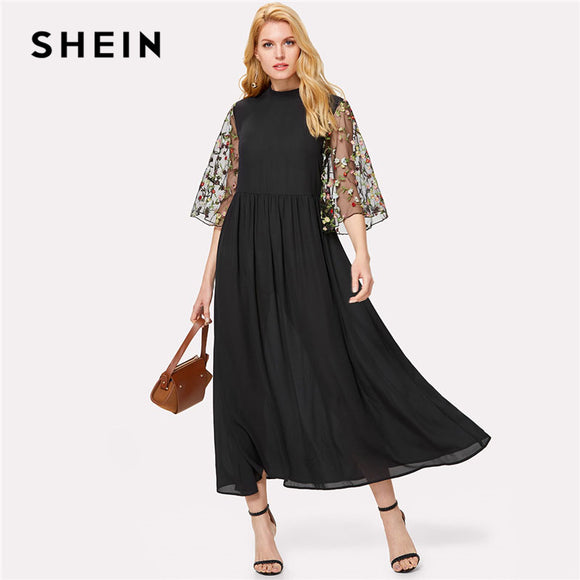 SHEIN Embroidery Mesh Flare Sleeve Dress Black Stand Collar Half Sleeve High Waist Loose Maxi Dress Women Elegant Party Dress