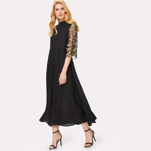 SHEIN Embroidery Mesh Flare Sleeve Dress Black Stand Collar Half Sleeve High Waist Loose Maxi Dress Women Elegant Party Dress