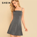 SHEIN Grey Swing Slip Dress Women Spaghetti Strap Sleeveless Plain Dress 2018 Summer Fit And Flare Weekend Casual Short Dress