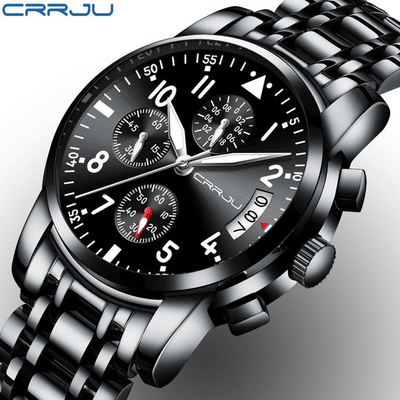 CRRJU Sport Watch Men Quartz Military Casual Watches Men's Chronograph Wristwatch Army Waterproof Clock Men Full Steel Hour