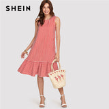 SHEIN Red Pinstripe Ruffle Swing Dress Women Ruffle Round Neck Sleeveless Drop Waist Loose Dress 2018 Summer Vacation Dress