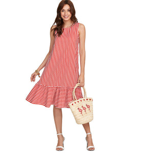 SHEIN Red Pinstripe Ruffle Swing Dress Women Ruffle Round Neck Sleeveless Drop Waist Loose Dress 2018 Summer Vacation Dress