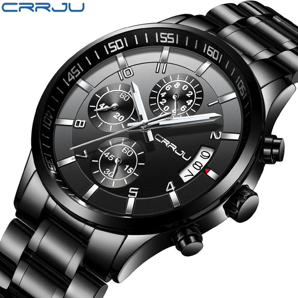 CRRJU Brand Men Chronograph Luxury Waterproof Watches,Fashion Black Business Stainless Steel Clock For Men Watch