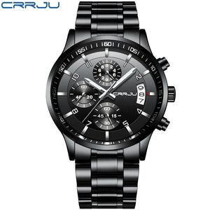 CRRJU Brand Men Chronograph Luxury Waterproof Watches,Fashion Black Business Stainless Steel Clock For Men Watch